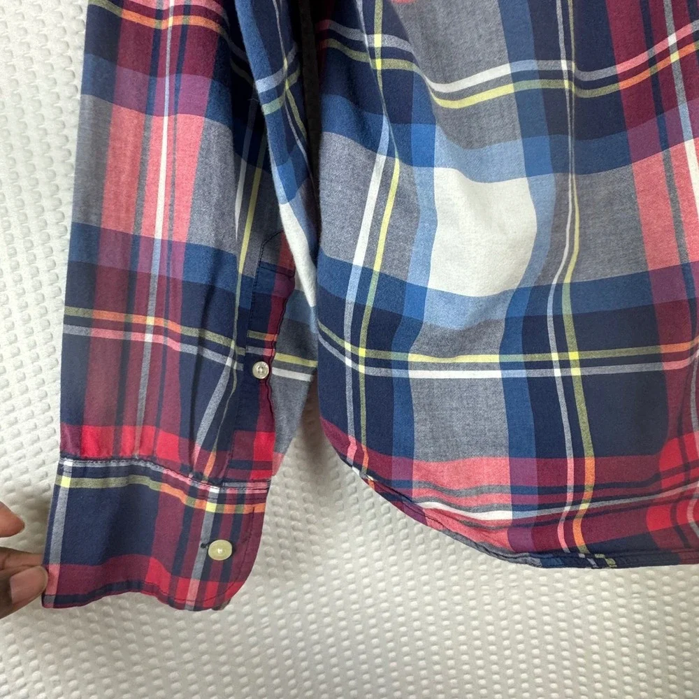 Vtg J. Crew Summer Plaid Button Down Shirt Men Red Blue Large Long Sleeve Pocket